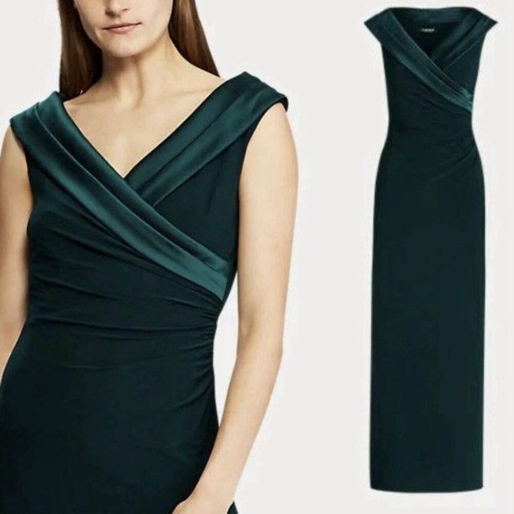 Lauren Ralph Lauren Women’s Sleeveless V-Neck Draped Gown Maxi Emerald 12 $245